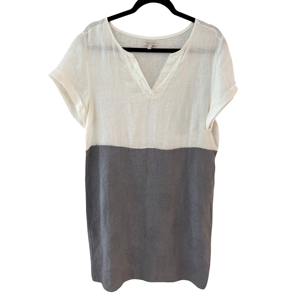 Lina Tomei Made in Italy Linen Colorblock Shift Dress White Grey Women Large‎